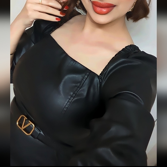 Avec Les Filles | Dresses | Black Faux Leather Dress puff sleeve - Picture 4 of 4